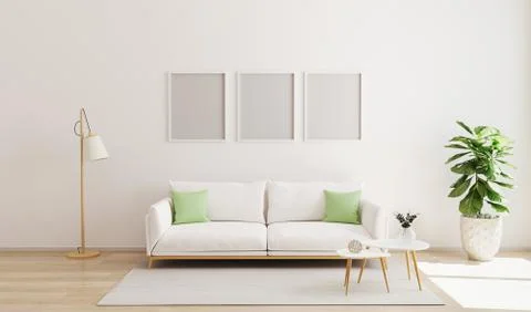 Mock up three poster frame in modern interior background. Scandinavian style. Stock Photos
