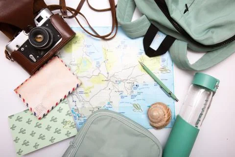 Mock up tourist set items map backpack Stock Photos