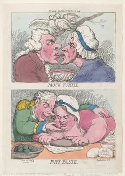 Mock Turtle; Puff Paste 1812? Thomas Rowlandson Two designs on one plate: a.. Stock Photos