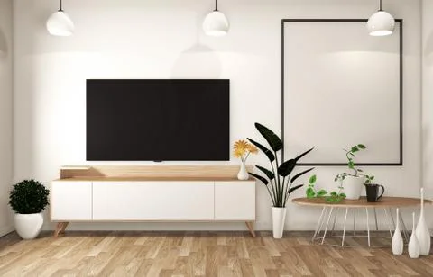 Mock up Tv cabinet in modern empty room Japanese - zen style,minimal designs. Stock Illustration