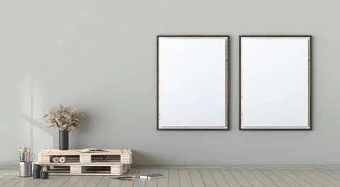 Mock up two blank picture frames with wooden pallets 3D Stock Illustration