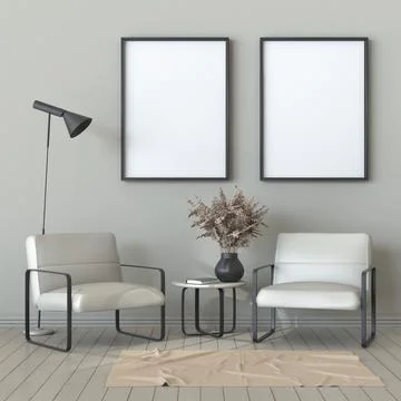 Mock up two blank picture frames with armchairs and black lamp 3D Stock Illustration