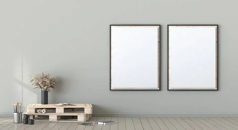 Mock up two blank picture frames with wooden pallets 3D Mock up two blank ... Stock Photos