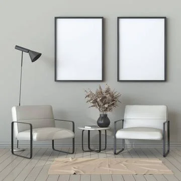 Mock up two blank picture frames with armchairs and black lamp 3D Mock up ... 스톡 사진