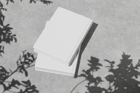 Mock up of two buried blank hardback books on gray concrete background, top.. Illustration