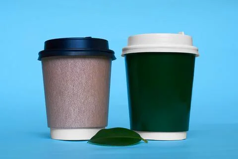 Mock up. Two paper cups for coffee and a green ficus leaf Stock Photos