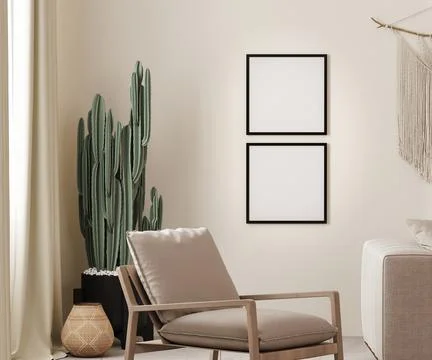 Mock up  two square poster frames in boho interior background with beige wall Illustrazione stock