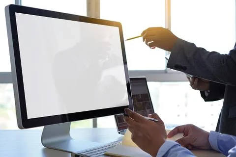 Mock up Using laptop with blank screen computer modern Foto stock
