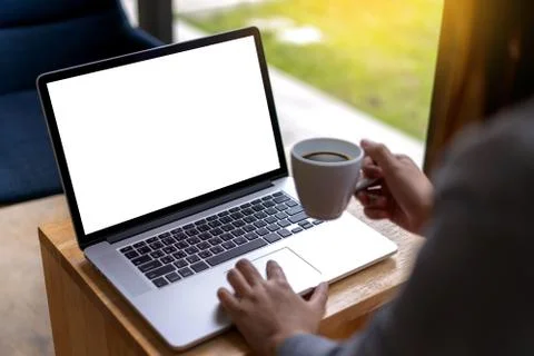 Mock up Using laptop with blank screen computer modern Stock Photos