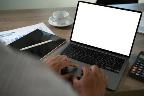 Mock up Using laptop with blank screen computer modern Stock Photos