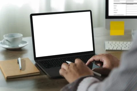 Mock up Using laptop with blank screen computer modern Stock Photos