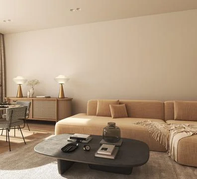 Mock up wall in modern interior background. Neutral wooden livingroom with dried 스톡 일러스트