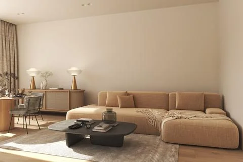 Mock up wall in modern interior background. Neutral wooden livingroom with dried Illustrazione stock