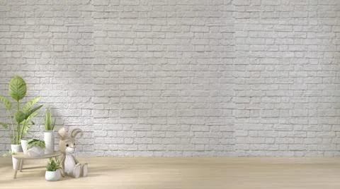 Mock up white brick wall on floor wooden and decoration plants.3D rendering Stock Illustration