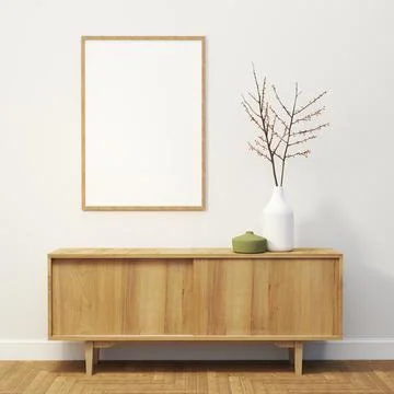 Mock up wooden picture frame in modern scandinavian interior with sideboard Stock Photos