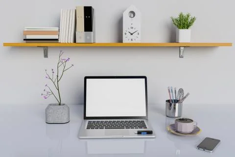 Mock up workplace with computer pc and book shelf. Stock Photos