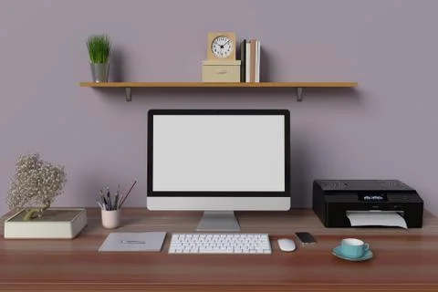 Mock up workplace with computer pc and printer. Stock Photos