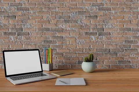Mock up workplace with laptop computer on table. Stock Photos