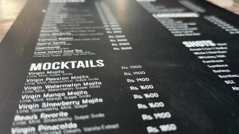 Mocktail menu restaurant close up drinks list food menu card cafe bar Stock Footage 334156819