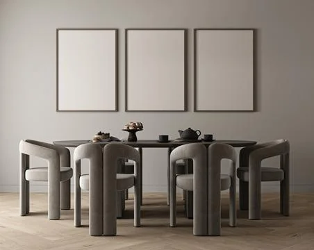 Mockup 3 posters in modern diningroom interior design with gray empty wall Stock-Illustration