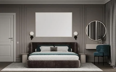 Mockup. 3D Render of a Modern Bedroom with Elegant Interior Design. イラスト素材