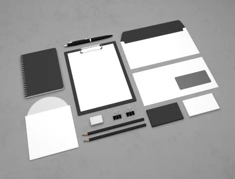 Mockup 3d rendering business template with clipboard and envelopes. Illustrazione stock