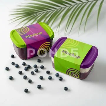 Mockup of açaí pots in a natural setting with açaí plant and fruit PSD Template