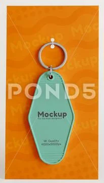 Mockup of American motel key chain attached to a card on white background PSD Template