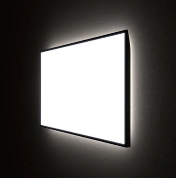 MockUp of Angle View of TV Screen with Backlight in the Dark on the Wall. 3D  Stock Photos