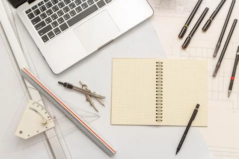 Mockup of architectural concept, Drawing tool on engineer drawing of blueprin Foto stock