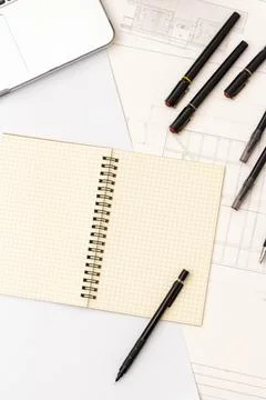 Mockup of architectural concept, Drawing tool on white background and enginee Stock Photos