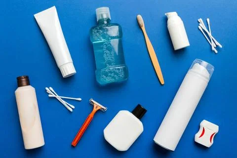 Mockup for bathing products top view flat lay, spa razor, toothpaste, soap,.. Stock Photos