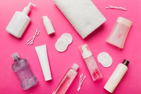 Mockup for bathing products top view flat lay, spa razor, toothpaste, soap,.. 스톡 사진