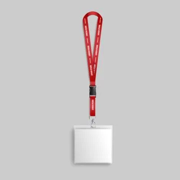 Mockup of blank square badge hanging on red lanyard realistic style Stock Illustration