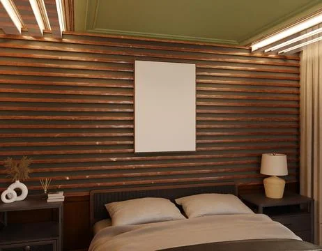 Mockup of a blank vertical poster in a cozy bedroom with wooden wall panels.. Stock Illustration