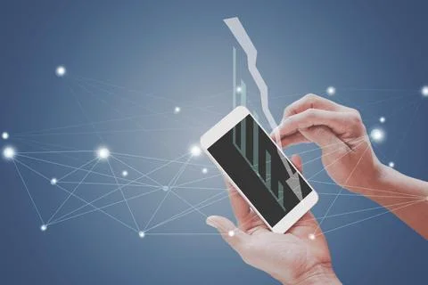 Mockup of a blank white screen cell phone. Man hand holds smartphone using .. Stock Photos