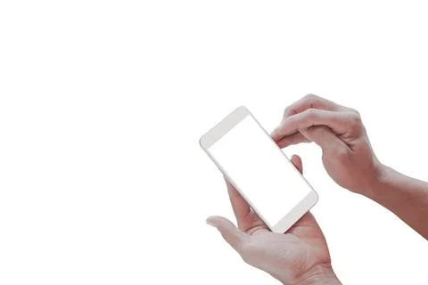 Mockup of a blank white screen cell phone. Man hand holds smartphone using .. Stock Photos