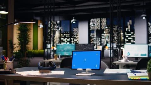 Mockup blue screen tablet with empty office space and glass windows Stock Photos