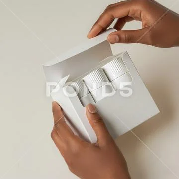 Mockup of box with cosmetics inside being opened by a person PSD Template