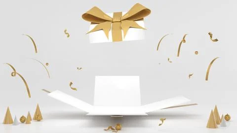 Mockup box opening a white and gold prize box, lucky draw and gifts for the.. Illustrazione stock