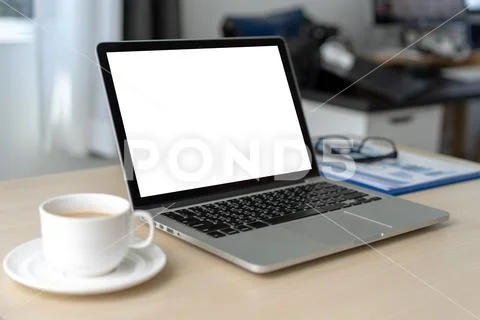 Mockup of business man using laptop screen for your advertising text message Stock Photos