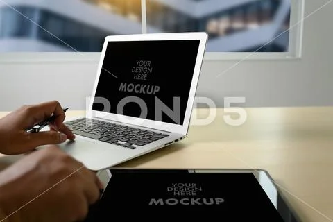 Mockup of business man using laptop screen for your advertising text message Stock Photos