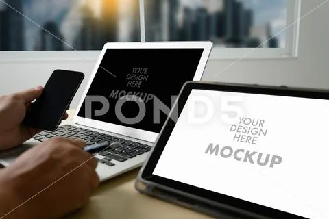 Mockup of business man using laptop screen for your advertising text message Stock Photos