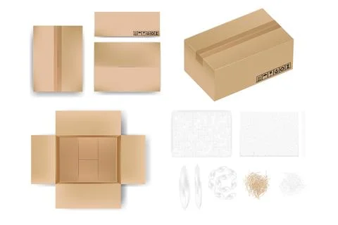 Mockup carton box in different view with tape or opened view, object comes wi Stock Illustration