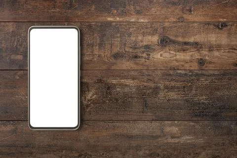Mockup cellphone on wooden table. wooden western rustic table with smartphone Stock Photos