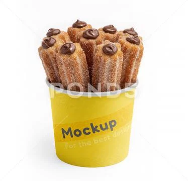 Mockup of chocolate-filled churros jar on white background PSD Template