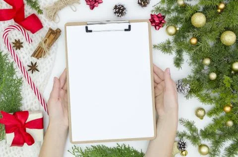Mockup Christmas composition. pine cones fir branches, gift box, golden balls Stock Photos