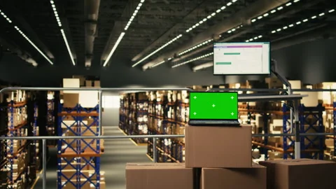 Mockup chroma key display in empty warehouse distribution center Stock Footage 330441889