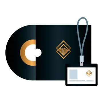 Mockup compact disc and id badge black color, with golden sign, corporate Stock Illustration