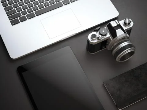 Mockup with computer, camera and tablet on black floor Stock Illustration